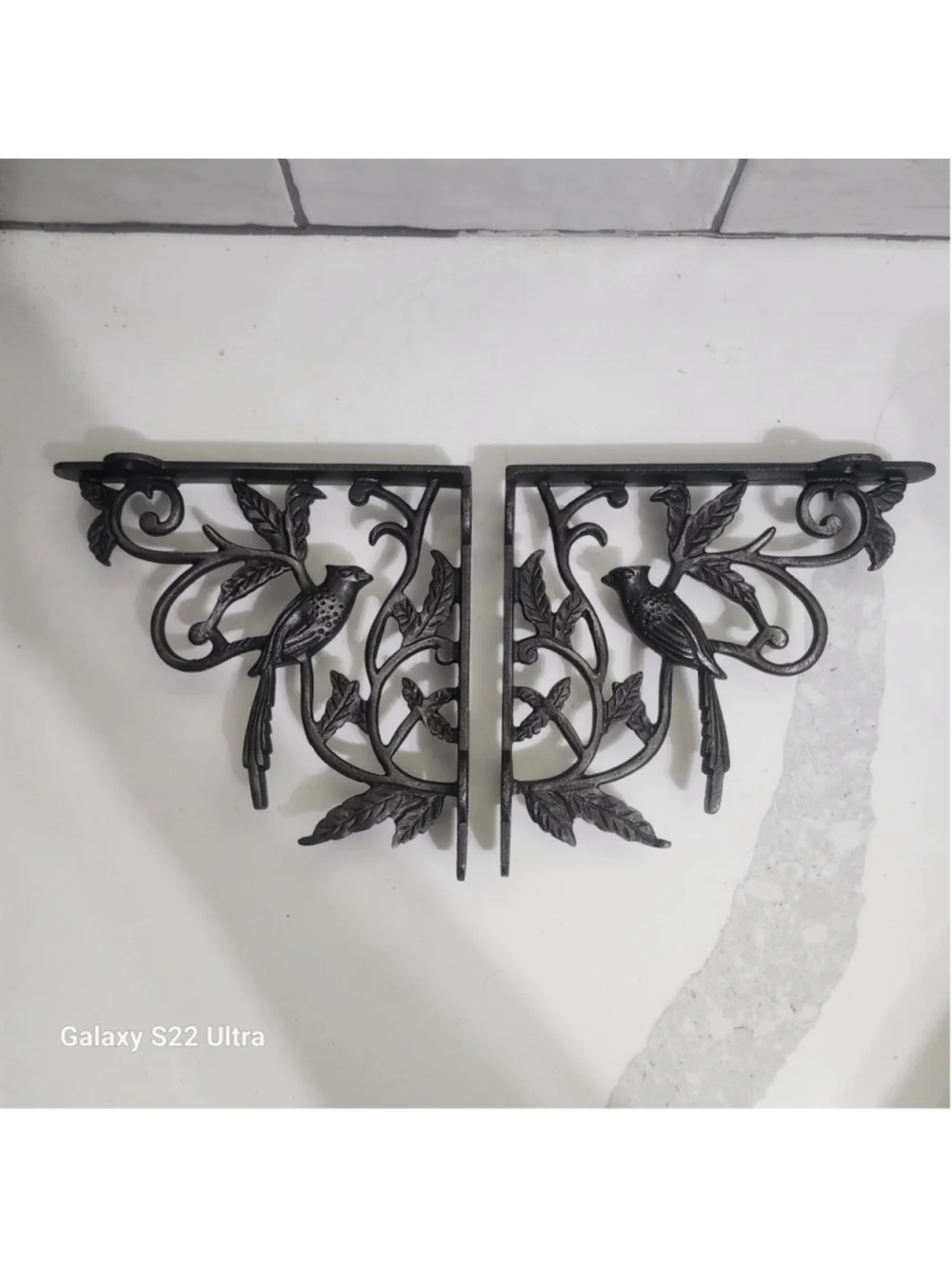 Bird Shelf Brackets with Vines Cast Iron Pair Rustic Farmhouse